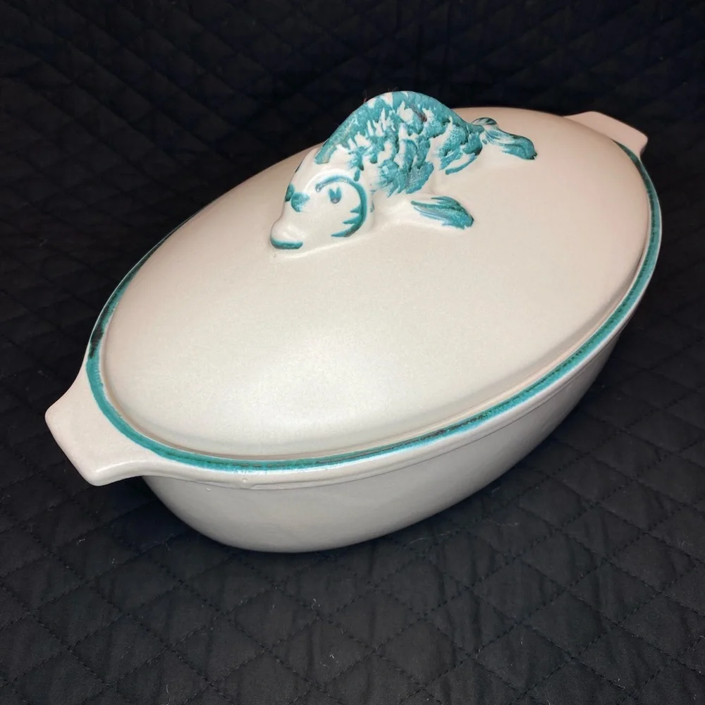 Terra Cotta Ceramic Painted Dish with Koi Fish on Lid